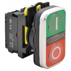 Dvojno tipkalo ON-OFF, I-O,zeleno+rdeče 1×NO+1×NC, 5A/230V AC-15, IP65