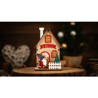 LED božična hišica, škratek, les, na baterije Timer 6+18h, 1LED, 3000K, 2xAAA, CHRHG1WW