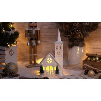 Božična LED cerkev, lesena, bela, na baterije Timer 6+18h, 4LED, 3000K, 3xAA, CHRWHCHW4WW