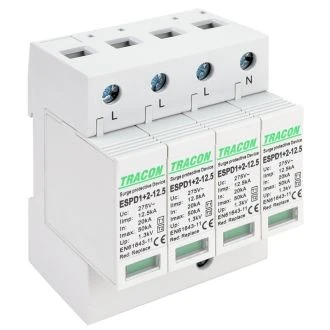 AC prenapet. odvodnik tipa T1+T2, zamenljiv zaščit. element Uc:275V; Iimp:12,5kA; In:20kA; Imax:50kA; Up:1,3kV; 4P, ESPD1+2-12.5-4P