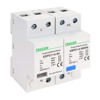AC prenapet. odvodnik tipa T1+T2, vgrajen zaščit. element Uc:385V; Iimp:50/100kA; In:50/100kA; Up:2,5kV; 1+1P, ESPD1+2-50-1+1P