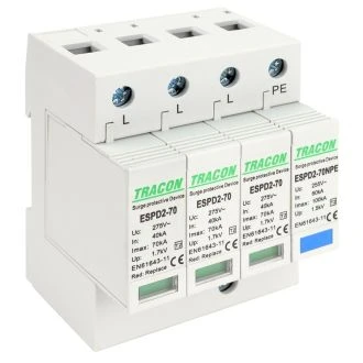 AC prenapet. odvodnik tipa T2, zamenljiv zaščit. element Uc:275/255V; In:40kA; Imax:70kA; Up:1,7/1,5kV; 3+1P, ESPD2-70-3+1P