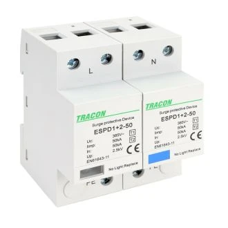 AC prenapet. odvodnik tipa T1+T2, vgrajen zaščit. element Uc:385V; Iimp:50kA; In:50kA; Imax:160kA; Up:2,5kV; 2P, ESPD1+2-50-2P
