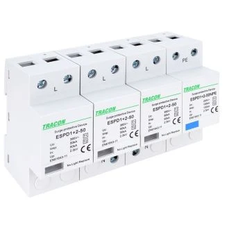 AC prenapet. odvodnik tipa T1+T2, vgrajen zaščit. element Uc:385V; Iimp:50/100kA; In:50/100kA; Up:2,5kV; 3+1P, ESPD1+2-50-3+1P
