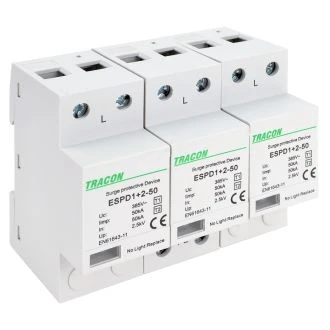 AC prenapet. odvodnik tipa T1+T2, vgrajen zaščit. element Uc:385V; Iimp:50kA; In:50kA; Imax:160kA; Up:2,5kV; 3P, ESPD1+2-50-3P