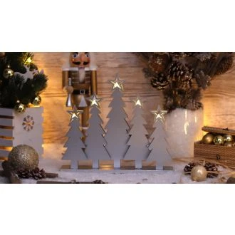 Piramida LED božič. sveče, bož. drevo, lesena, srebrna, baterija Timer 6+18h, 5LED, 3000K, 2xAAA, CHRTRWS5WW