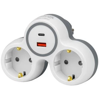 Večnamenski razdelilnik za vtičnico, USBC+USBA, sivi + beli 2×SCHUKO, max.16A, 230VAC, 3680W, PP, USB-A+C:5V, 3,4A 17.0W, TND2-USBAC