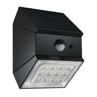 Solarna stenska LED svetilka s senzorjem gibanja, črna 2 W, 4000 K, 300 lm, IP65, 3,7 V, 1,2 Ah, LSCB2W