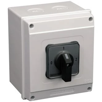 Grebenasto stikalo z ohišjem, (0-1-2) 400V, 63A, 2×3P, 18,5kW, 64×64mm, 90°, IP65, TKB-639/3T65