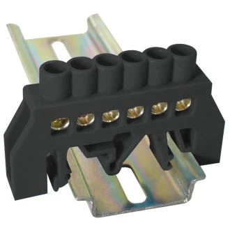 Izolirani ozemljitveni tir (N/PE), črni 230/400VAC, 63A, 6×9mm, 6P, IP20, 5 kos, NPE-BK6-6