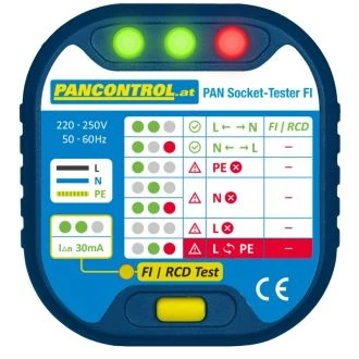 Tester vtičnic in 30 mA RCD/FID tester 220 - 250 V, CATII-300V, PANSOCKETTESTERFI